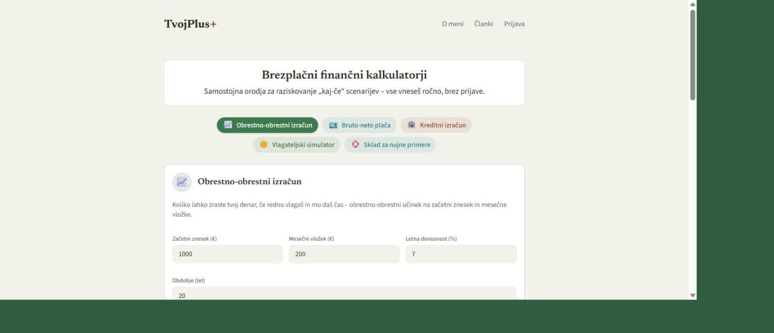 Zaslonska slika obrestno-obrestnega kalkulatorja v aplikaciji TvojPlus